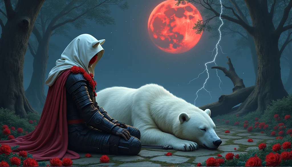 Male knight with a white hood with bear ears with sword behind his back sits on the ground towards a polar bear in a forest while the moon shines, many Roses cover the ground and lightning falls from the sky. The polar bear sleeps in front of the knight. Only the man wears a red blindfold. In the background of the picture is the blood moon and a tree has fallen down in the path. The forest is full of trees with leaves. The armor of the man is black and red roses decorate it. The knight holds his sword down. The sky is full of stars.