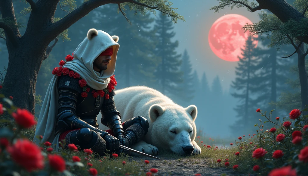 Male knight with a white hood with bear ears with sword behind his back sits on the ground towards a polar bear in a forest while the moon shines, many Roses cover the ground and lightning falls from the sky. The polar bear sleeps in front of the knight. Only the man wears a red blindfold. In the background of the picture is the blood moon and a tree has fallen down in the path. The forest is full of trees with leaves. The armor of the man is black and red roses decorate it. The knight holds his sword down. The sky is full of stars. 
