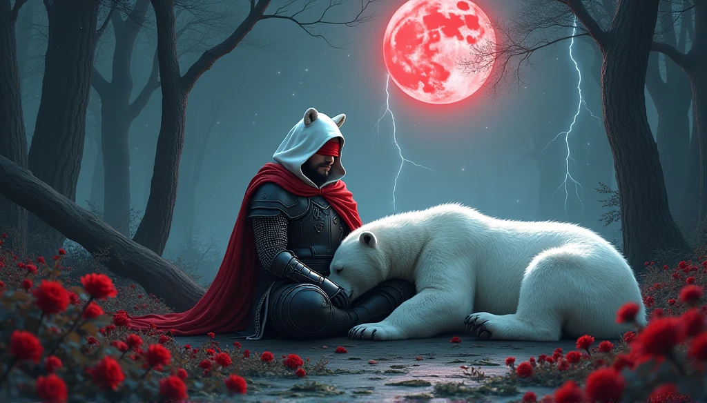 Male knight with a white hood with bear ears with sword behind his back sits on the ground towards a polar bear in a forest while the moon shines, many Roses cover the ground and lightning falls from the sky. The polar bear sleeps in front of the knight. Only the man wears a red blindfold. In the background of the picture is the blood moon and a tree has fallen down in the path. The forest is full of trees with leaves. The armor of the man is black and red roses decorate it. The knight holds his sword down. The sky is full of stars.