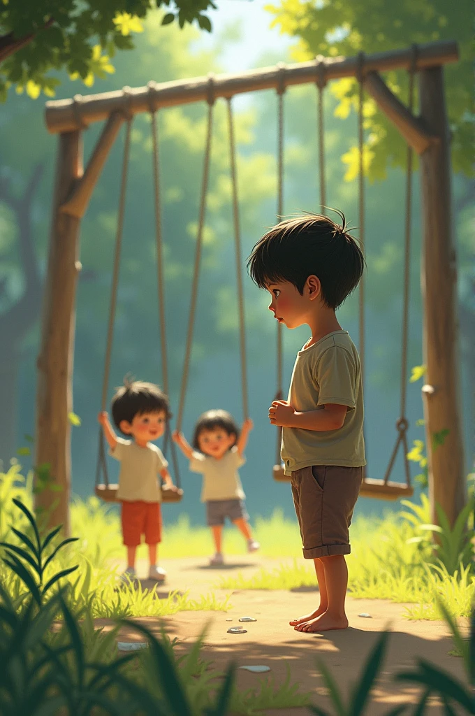 Lonely child watching other children play