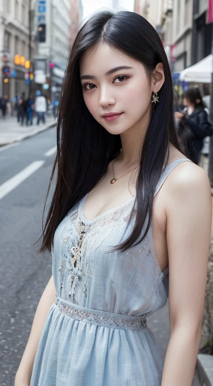 (Realistic, photo-Realistic:1.4), (masterpiece, Highest quality:1.2), RAW Photos, High resolution, Intricate details, Very detailed, Sharp focus, Portraiture, alone, One girl, Detailed face, Detailed eyes, Refined nose, smile, Photo Background, Street、Black Hair,semi-long,Trendy and sophisticated clothing