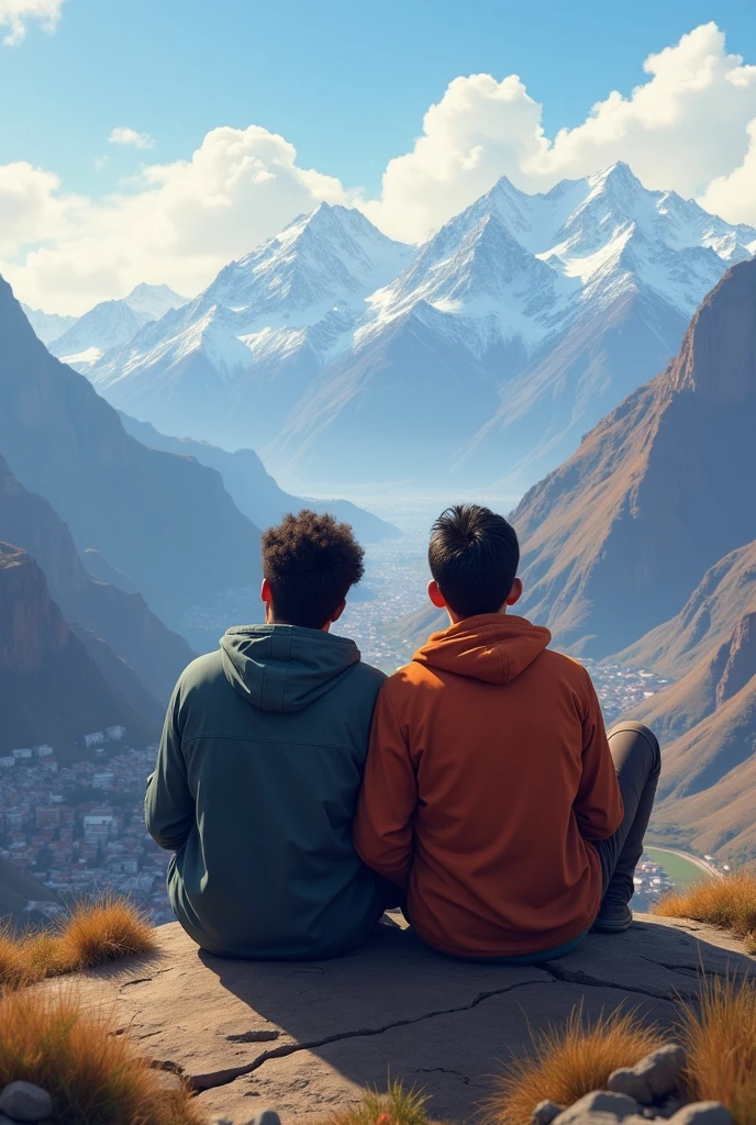 two male friends from behind sitting on a mountain in Bolivia La Paz, with Bolivian complexion