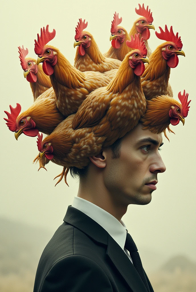 A man with a brain made of chickens