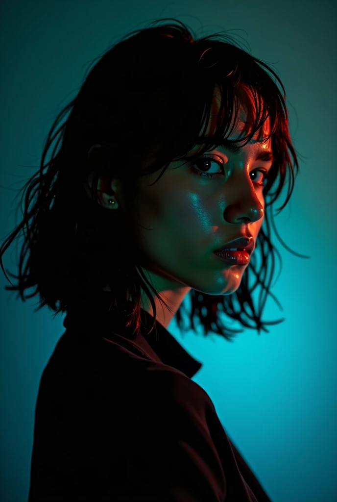 deep focus, grain-intense, desaturated colors, meticulously placed rare film artifacts. Harsh backlight from a 800W HMI emits from offscreen, casting dramatic silhouettes, while blue-red gelled softboxes skim across her face, creating cool, ethereal shadows. Color grade shifted to teal/orange, enhancing the})\),|e|nthetic, dreamy feel.