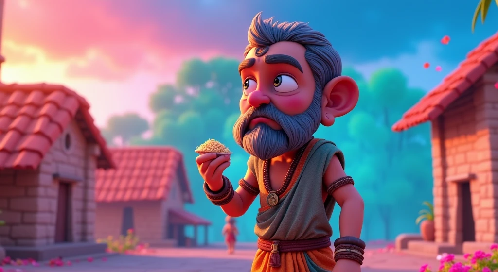 /imagine prompt: 3D animation, personality: [Depict Sudama standing at the edge of the village, holding a small handful of beaten rice in his hand. His face shows a mix of hesitation and determination, with furrowed brows and pursed lips. The path leading to Dwarka is visible in the background, lined with trees and flowers, symbolizing the journey ahead] unreal engine, hyper real --q 2 --v 5.2 --ar 16:9