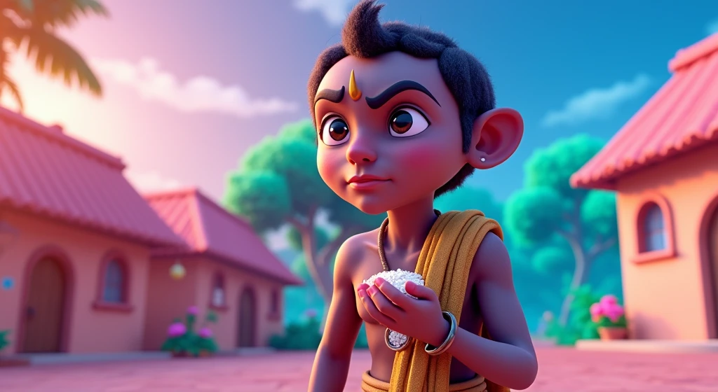 /imagine prompt: 3D animation, personality: [Depict Sudama standing at the edge of the village, holding a small handful of beaten rice in his hand. His face shows a mix of hesitation and determination, with furrowed brows and pursed lips. The path leading to Dwarka is visible in the background, lined with trees and flowers, symbolizing the journey ahead] unreal engine, hyper real --q 2 --v 5.2 --ar 16:9