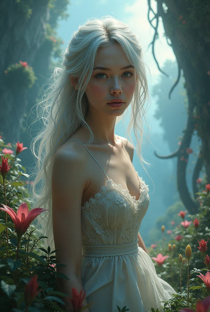 Realistic and good-looking woman in a fantasy land.