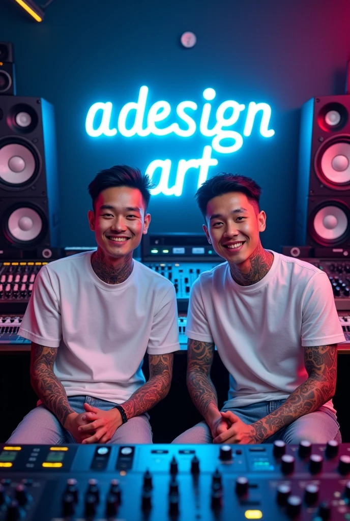 2 handsome Thai man with a friendly smiling face facing the camera wearing a white shirt with his whole body tattooed, working in audio sound system with background sound system full audio spotlight colorful lights there is writing that lights up blue"Adesign Art"