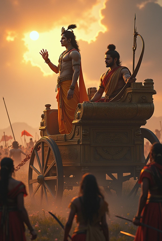 Lord krishna standing alongwith Arjun in battlefield and lecturing him , both are sitting on a chariot, both are of same height,krishna pointing his hands towards battle, both looking in same direction towards the battlefield, dynamic lighting, mythology imagination