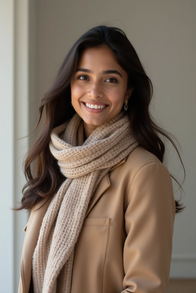 There is a young, Beautiful indian woman, who looks to the future like Katrina Kaif, Smiles into the camera, beautiful teeth, She looks into the camera, a portrait from raw photo, feet, hands, body, winter, coat, scarf