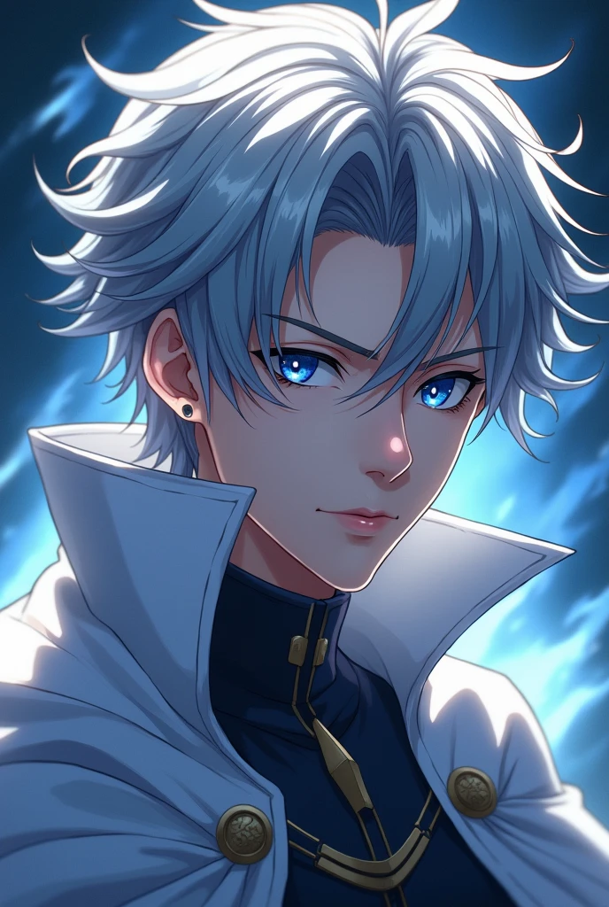 A young man with gray hair and dark blue eyes,Wearing a white cape,Anime style,Detailed facial features,(Best quality,4K,8k,high resolution,masterpiece:1.2),Ultra Detail,(Realism,照片Realism,照片Realism:1.37),超Realism,Vibrant colors,Dramatic Lighting,Intricate details,grace,fantasy,number