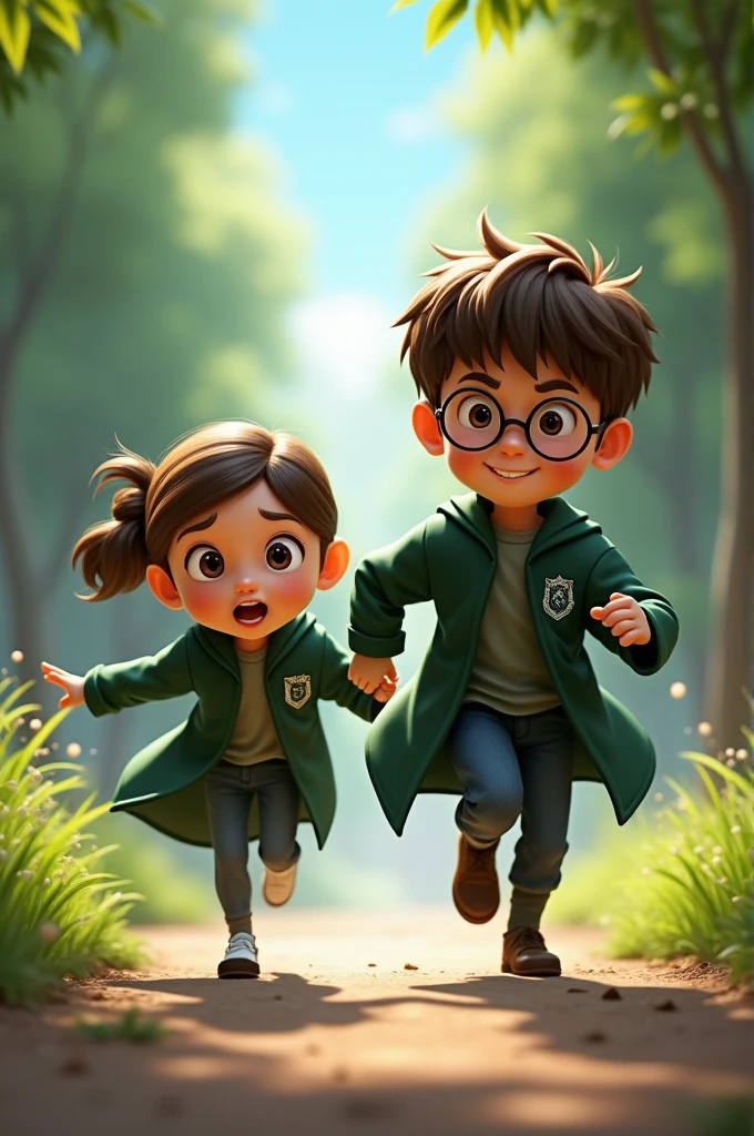 The older brother is unable to catch up with his younger sister. He has short brown hair, glasses, and is cheerful. He wears a Slytherin robe.