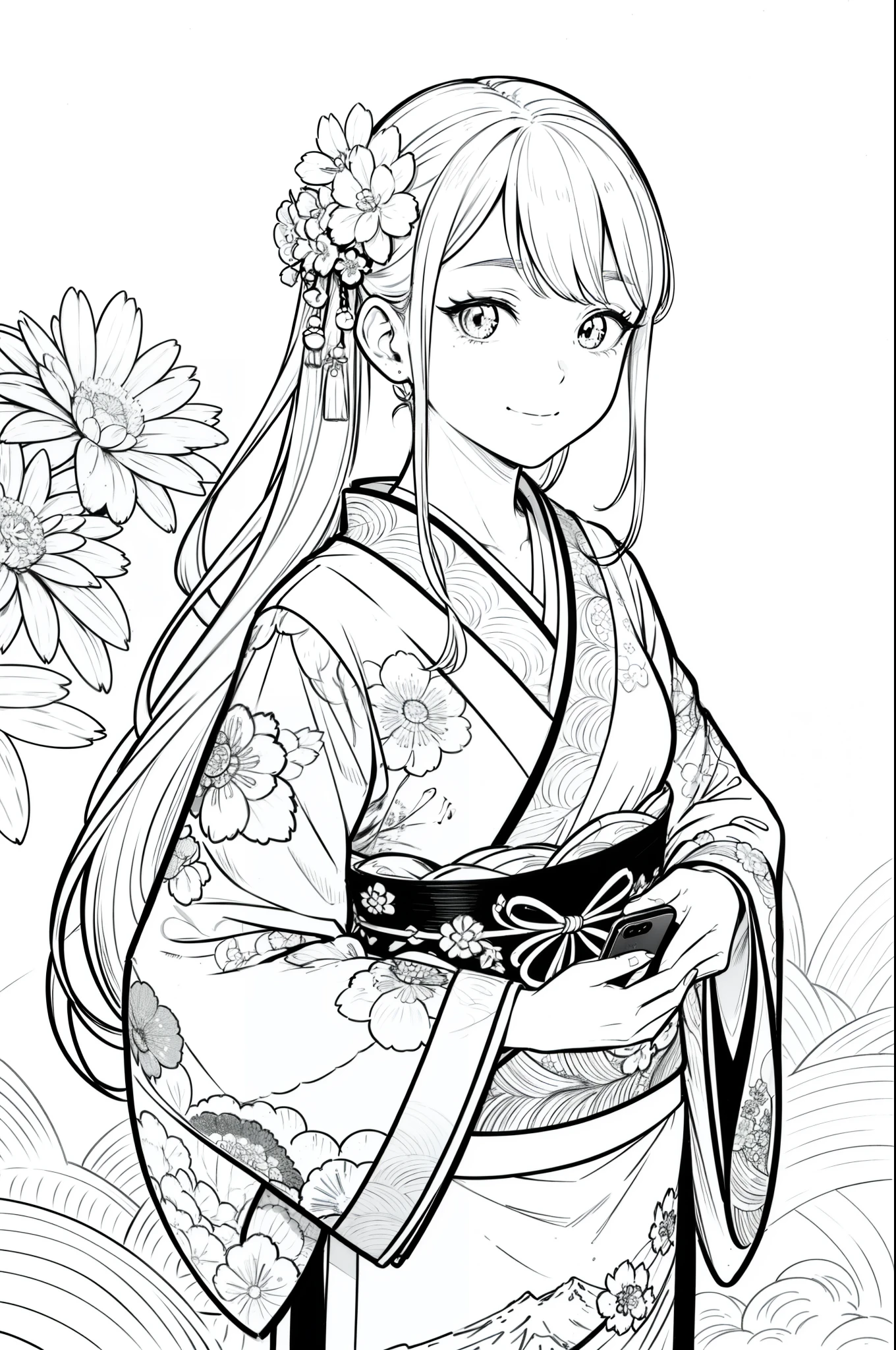 Masterpiece, top class, unique, cute, flowers, line drawing background, white background, monochrome, line drawing, ((sketch)), creepy, white eyes, create a monochrome coloring book that even adults can easily do, a realistic and cute ukiyo-e of a smiling girl wearing a kimono with Mt. Fuji in the background, holding an iPhone in one hand, conveying Japanese culture.
