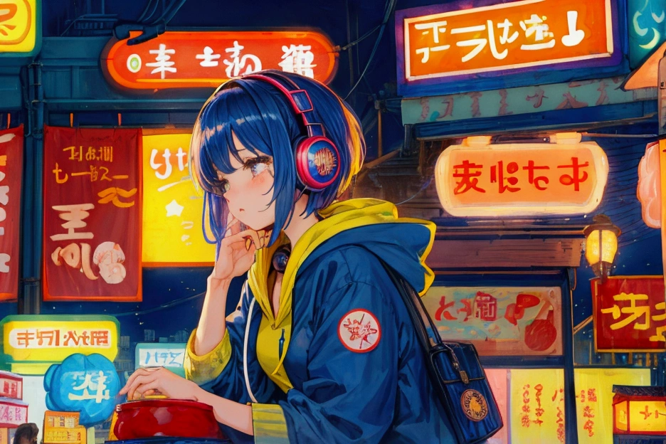 Highest quality, 4K wallpaper, masterpiece, Very detailed CG ユニティ 8k 壁紙, Very fine grain, Very detailed, Intricate details, One girl, Retro art style,Late night food stalls、Girl listening to music、Neon site light、Pop Art Style, Tokyo Tower、Girl wearing a hoodie、Girl with headphones around her neck、Wearing a skirt、Shortcuts、Dark blue hair、Chill、Chill、Emotional、emotional