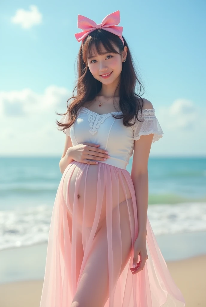 (Highest quality、masterpiece、8k、Best image quality、Hyperrealism、Award-winning works)、1 pregnant woman、(alone:1.1)、(1 photo:1.1)、(ta:1.1)、(Cute girl ornament:1.1)、(Girly cute loliirl:1.3)、Girly big lolita bGirly and cute lolita wave :1.1)、White T-shirt with elegant lace and frills、cover erect nipples, cameltoe, large breas, (Light pink long flare skirt, transparent, Light berry pattern.:1.2)、(The most natural slight pregnancy bump:1.2)、Large Breasts、(Beautiful Hiroshi々Standing elegantly on the smooth sand:1.2)、(vivid, clear,Ocean:1.2)、Beautiful surf edge、(Beautiful sunny sky:1.1)、(Beautiful thunderclouds:1.1)、Standing Elegantly、Look at me with your best smile、Accurate anatomy、Perfect Makeup、Long eyelashes、Glossy Lips、Ultra HD glossy skin、(Ultra-high resolution, bright and beautiful skin:1.2)、(very bright and vivid:1.3)、Ultra-high definition glossy lips、Ultra-high resolution beautiful teeth