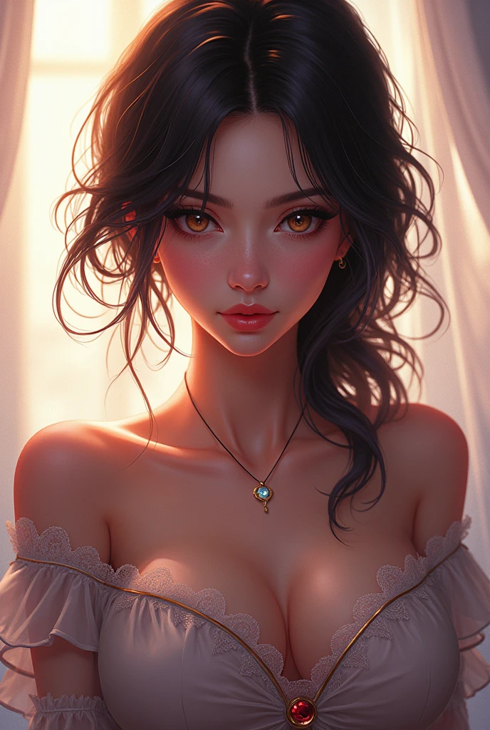 Amazing portrait of a woman who is 30 years old and an adult and a sexy woman with a beautiful face with lustful eyes gazing seductively and parted pink lips smiling as she blushed deeply with her black hair in a bun wearing a green satin shirt that is partially unbuttoned and falling off her shoulders exposing her creamy pale porcelain skin in a very dimly lit bedroom giving off an intimate vibe during night time with soft lighting showcasing her red lips and her beautiful face in detail and close up