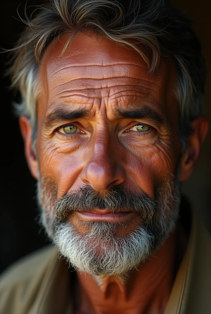 a middle aged man, about 4, sun-tanned and time-marked skin, reflecting years of outdoor work. He has short brown hair, with some gray hairs that stand out at the temples. His eyes are a deep green, always attentive and expressive, revealing both acquired wisdom and a natural serenity.