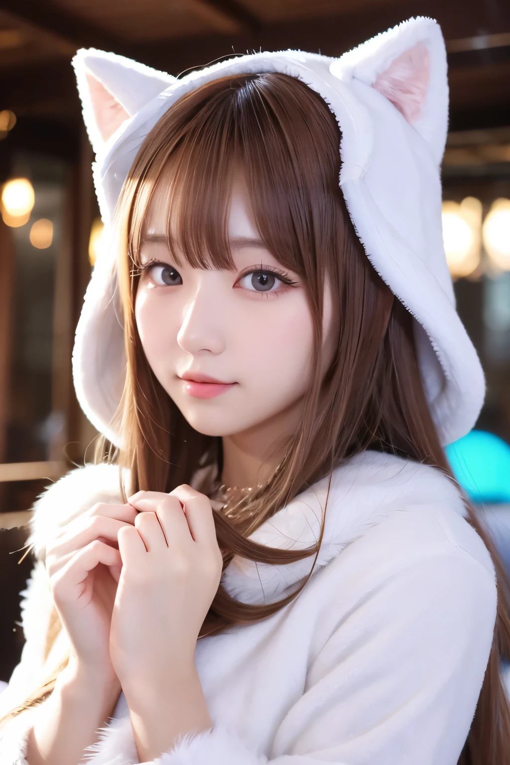 one girl, (a beauty girl, delicate girl:1.3), (Age 25:1.3),
break, (White fluffy kigurumi pajamas, Cat costume:1.2), (Upper Body:1.2),
break, Definition of very fine particles, (Symmetrical eyes:1.3),
break, (Bedroom:1.3), 
break, Small breasts, Brown eyes, Parted bangs, Brown Hair,  girl,
break, (Eye and facial details:1.0),
break, (masterpiece, Highest quality, Very detailed, Detailed face, 8K)、Upper Bodyは裸、Nipples sticking out