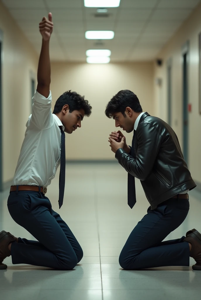 Side view of  Two  20 year old indian boys wearing white shirt,  school tie, slimfit trousers , leather jacket and fasionable circular shape buckle belt is kneeling in the corridor with their hands raised straight high up above their heads and boys arms are in pain