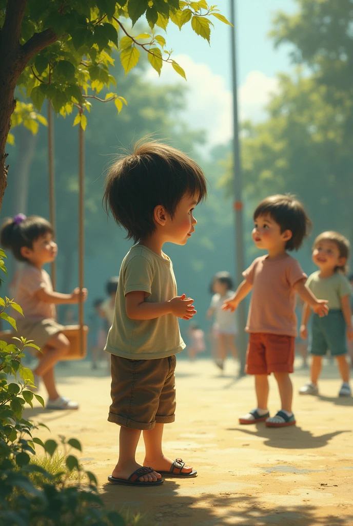 Lonely child watching other children play
