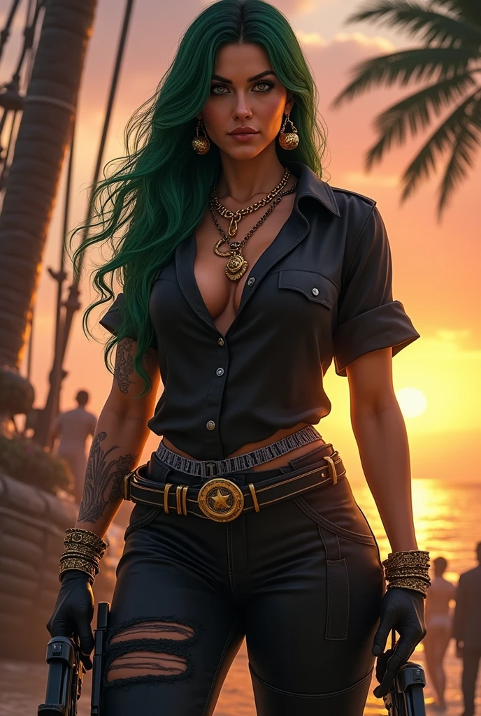 Generate an image of the character Mara, also known as 'Raya Death Dealer', do jogo Call of Duty: Modern war: fully body, Wearing a black shirt, black trousers,cruel physiognomy, ((new)) big earrings, necklace bracelet, rings, gold watch, at beach, sunset, palmtrees, sculptural body,green flowing hair, ((machine guns, pistols, Rifle , hand grenades, gold accessories)) standing on a pirate ship