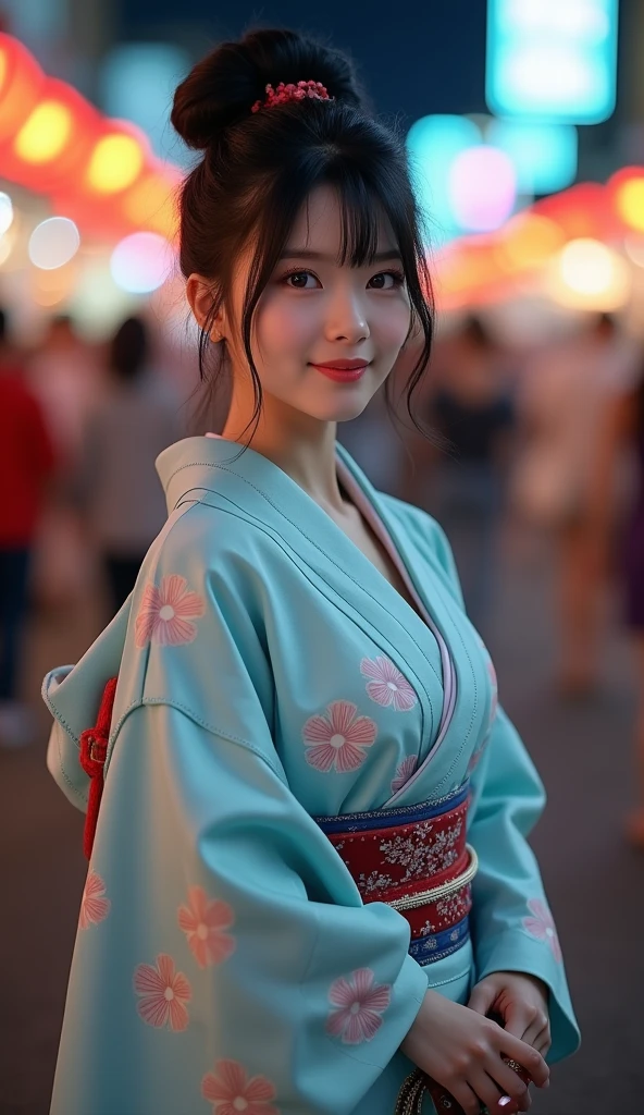 (8k, Realistic, RAW Photos, Highest quality: 1.4, detailed),A Japanese idol-like beautiful girl,1 person,1,(Black Hair),Her hair is tied up in a bun,Large, clear gray eyes,Long eyelashes,(piercings(small)),(Lip gloss),lips(Plump,glossy),thin long neck,Thin and delicate shoulders,(yukata(Traditional Japanese cool dress(Long length,Cotton Fabric,Pale light blue,morning glory pattern))),Thick obi,(She is wearing red-thonged geta sandals on her bare feet.),(A small drawstring bag in the right hand(Traditional Japanese Pochette)Lowering),Night Festival,Front view,Looking at the camera and smiling sweetly,(Full body shot portrait: 1.4)