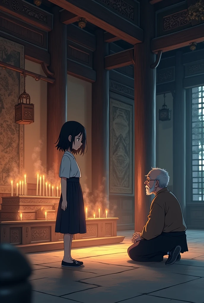  girl anime character meet a old man 
adorer in a temple 