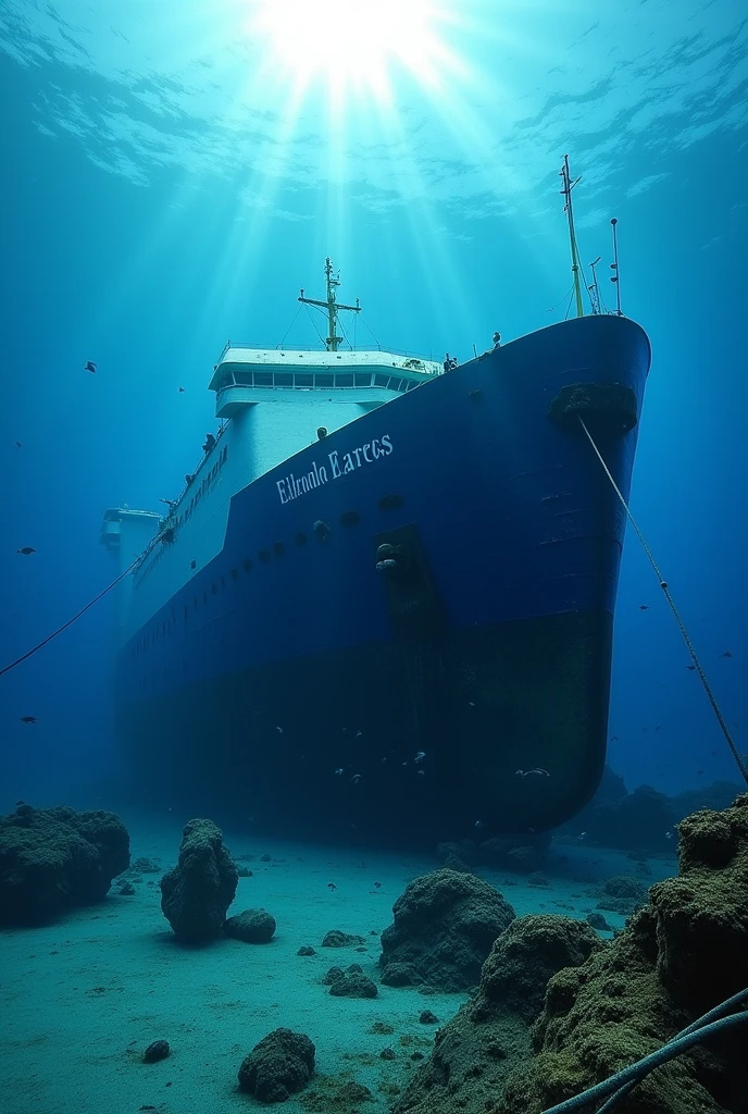 A Salvage operation to raise the MV Princess of Philippines at 100 meters with airbags at the bottom of the ship with a blue hull size of a passenger ferry 