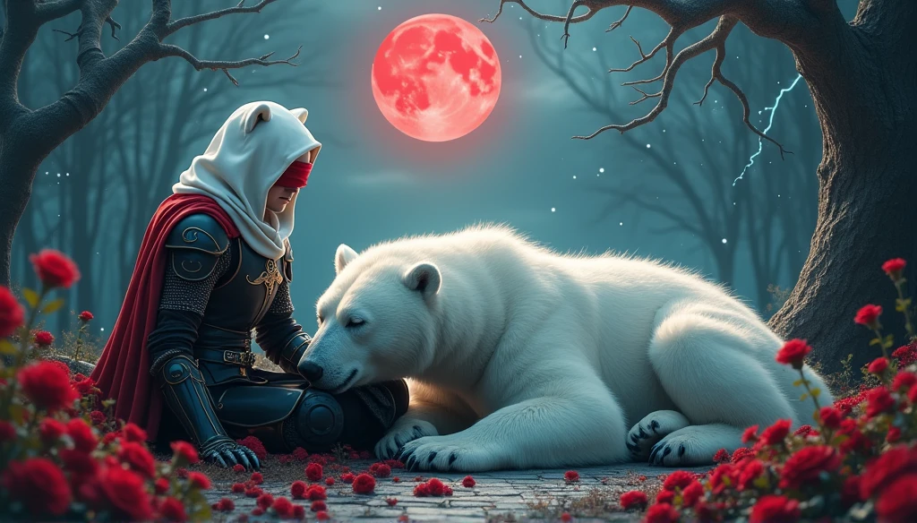 Male knight with a white hood with bear ears with sword behind his back sits on the ground towards a polar bear in a forest while the moon shines, many Roses cover the ground and lightning falls from the sky. The polar bear sleeps in front of the knight. Only the man wears a red blindfold. In the background of the picture is the blood moon and a tree has fallen down in the path. The forest is full of trees with leaves. The armor of the man is black and red roses decorate it. The knight holds his sword down. The sky is full of stars.