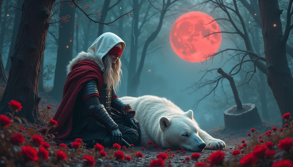 Male knight with a white hood with bear ears with sword behind his back sits on the ground towards a polar bear in a forest while the moon shines, many Roses cover the ground and lightning falls from the sky. The polar bear sleeps in front of the knight. Only the man wears a red blindfold. In the background of the picture is the blood moon and a tree has fallen down in the path. The forest is full of trees with leaves. The armor of the man is black and red roses decorate it. The knight holds his sword down. The sky is full of stars.