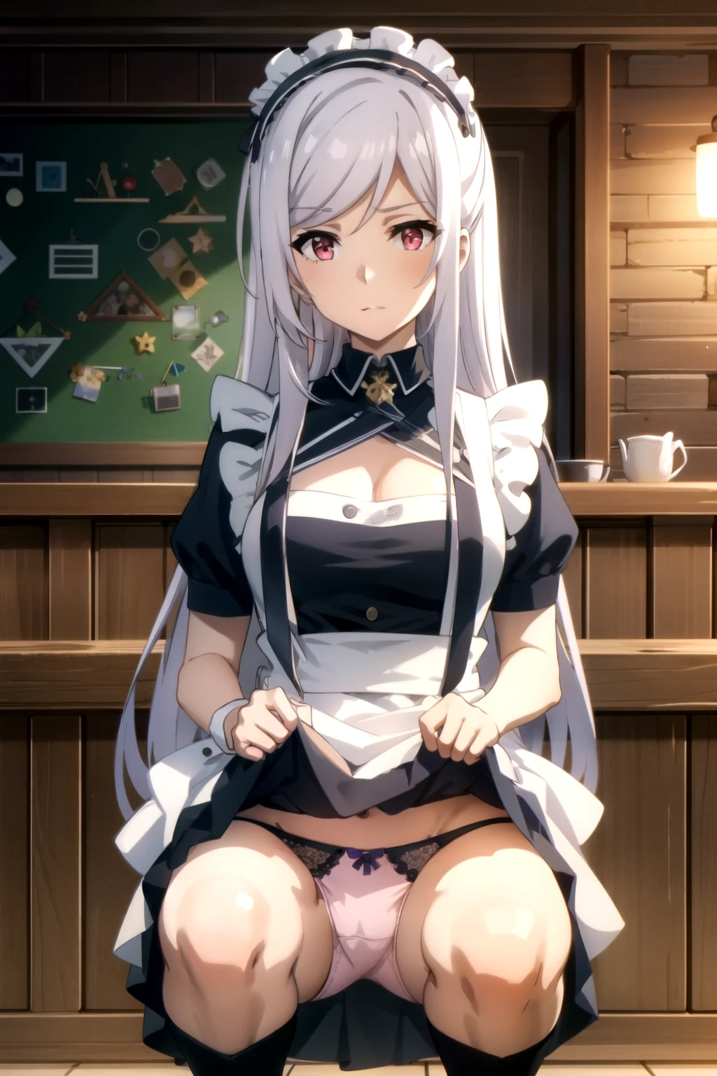 (alexia midgar), (faithfully), One gir, red eyes, long hair, very long hair, Silver hair,hair ribbon, sidelocks, (medium breastst), maid headdress, mini-skirt maid, (lace stockings), black pumps, (pink lace Panties), (show off panties), (squatting), (skirt lift: 1.3), (spread legs), cowboy shot, spread legs, looking at viewer, indoor, bar