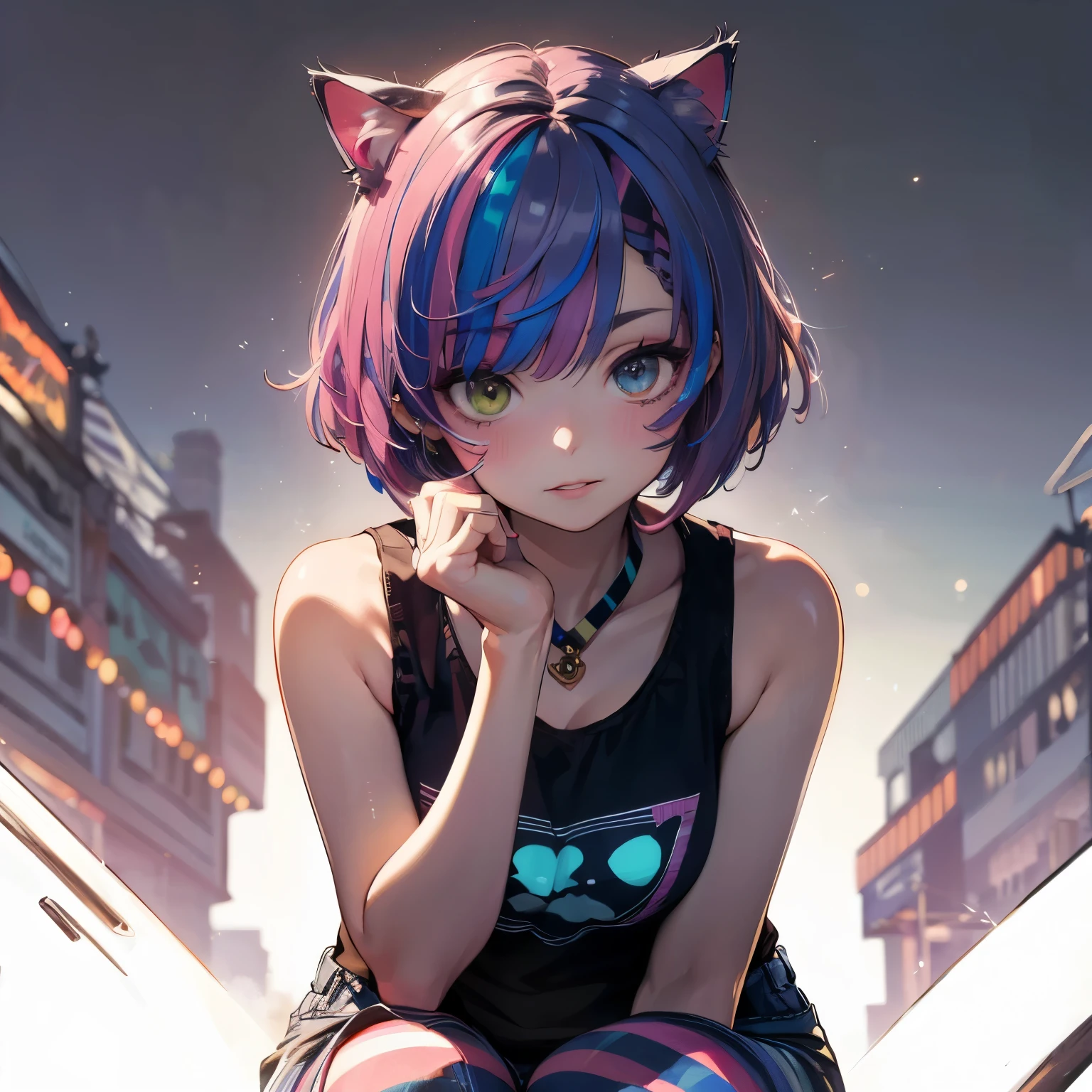 (Highest quality:1.2, Very detailed, Latest, Vibrant, Ultra-high resolution, High Contrast, masterpiece:1.2, Highest quality, Best aesthetics), Portraiture、girl、alone, (Age 25:1), (slim:1), Heterochromia iridis, Green Eye, Red Eye, Bright colors, (Cat ear:1), Tank top, Jeans Shorts, (Cat Pose:1.3), Beautiful details、Beautiful lip detail、Super Short Hair, ((Bobcut:1.5))、Pink and purple, ((Striped Hair:1.9)), (Highlighted Hair: 1.6), (Mid-chest:0.5), (Sunburn:0.5), ((Cat Cafe, There are many cats in the background:1.3)), Cowboy Shot,