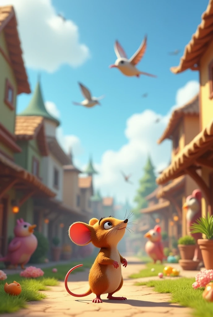 Need 3D animation style"Introduction**: In a lively animal village, Squeaky the mouse admired the birds soaring above and longed to fly himself.