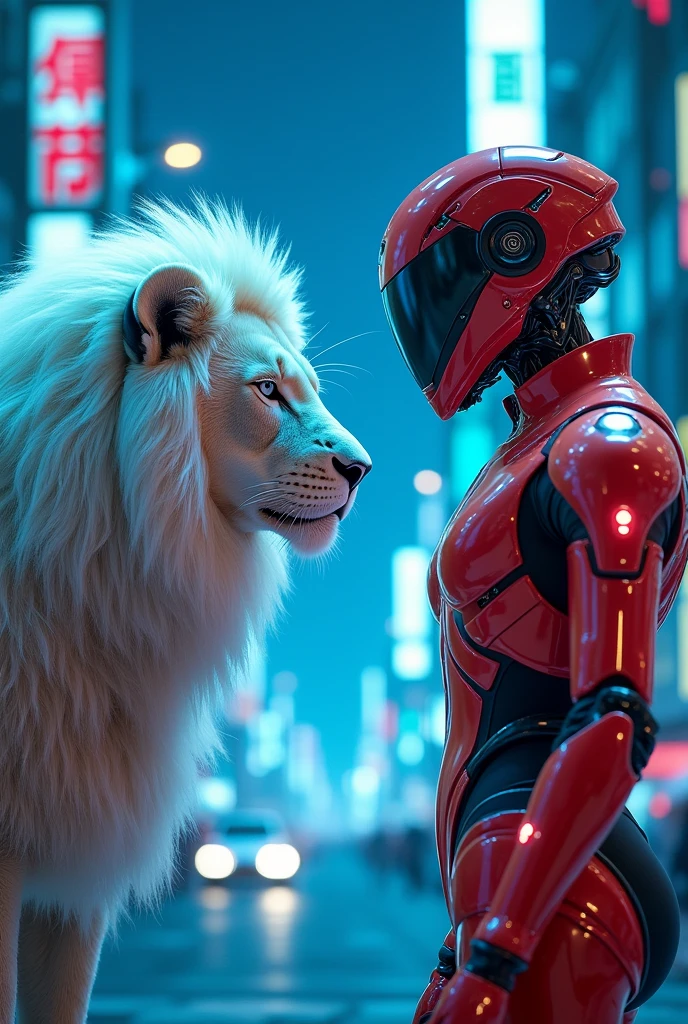 Lion with white hair and cyber robot with red costumes in the Tokyo with blue light