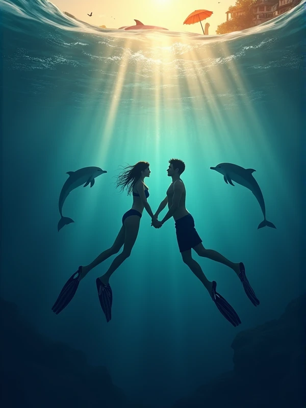 Underwater scene: female diver and male diver hand-in-hand. Dolphins nearby. Coastal town silhouette above. Warm sunlight filtering through blue waters. Beach umbrella and surfboard visible on surface. Mood: romantic, peaceful. Captures love, marine life, and everyday coastal living. Dark blue