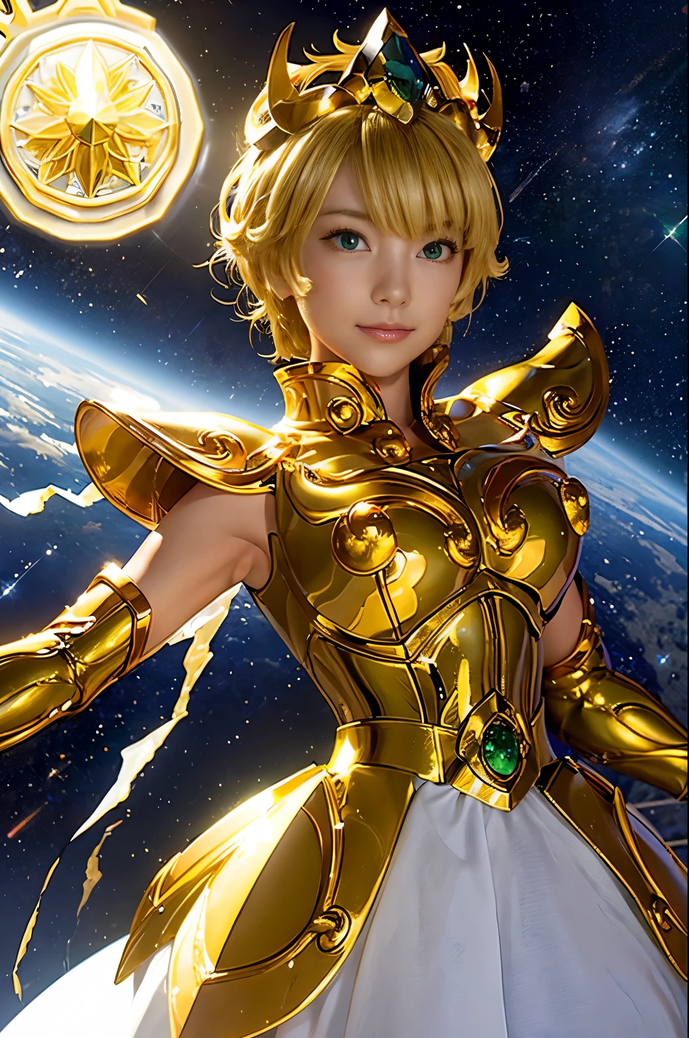 Highest quality, 8k, Super detailed, High resolution, Realistic skin texture, armor, (Realistically: 1.4), High resolution,Ultra HD、Ultra-clear、White and beautiful translucent skin、Beautiful and well-proportioned face、Cute smile、Saint Seiya of Libra、全身を黄金のarmorで覆う、黄金のarmorを纏った聖騎士、Golden Tiara、全身を派手な彫刻で覆う黄金のarmor、重厚感のある金色のarmor、Translucent beautiful green eyes、Blonde Short-Haired、Big Breasts、Outer space background、