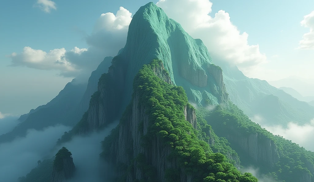 There is a high mountain，Half of the face is smooth jade，The other half is covered with strange trees.（best quality，4K，8k，High level，masterpiece：1.2），Ultra Detailed，（lifelike，Photo real，Photo real：1.37）