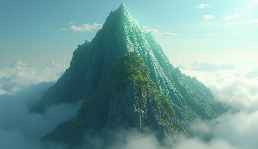 There is a high mountain,Half of the face is smooth jade,The other half is covered with strange trees.(best quality,4K,8k,High level,masterpiece:1.2),Ultra Detailed,(lifelike,Photo real,Photo real:1.37)