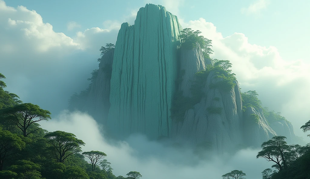 There is a high mountain,Half of the face is smooth jade,The other half is covered with strange trees.(best quality,4K,8k,High level,masterpiece:1.2),Ultra Detailed,(lifelike,Photo real,Photo real:1.37)