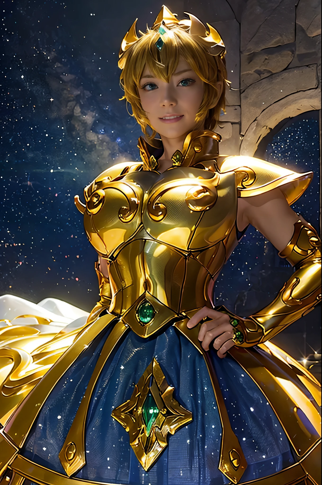 Highest quality, 8k, Super detailed, High resolution, Realistic skin texture, armor, (Realistically: 1.4), High resolution,Ultra HD、Ultra-clear、White and beautiful translucent skin、Beautiful and well-proportioned face、Cute smile、Saint Seiya of Libra、全身を黄金のarmorで覆う、黄金のarmorを纏った聖騎士、Golden Tiara、全身を派手な彫刻で覆う黄金のarmor、重厚感のある金色のarmor、Translucent beautiful green eyes、Blonde Short-Haired、Big Breasts、Outer space background、