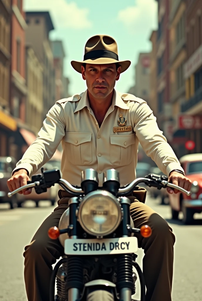 there is a man in uniform sitting on a motorcycle on the street, favorite scene, white uniform, harrison ford from indiana jone, matt white color armor, full color still, wonderful scene, sitting on a motorcycle, full scene shot, movie screencap, wearing rr diner uniform, movie screen shot, from a movie scene, shot from movie, white, officer