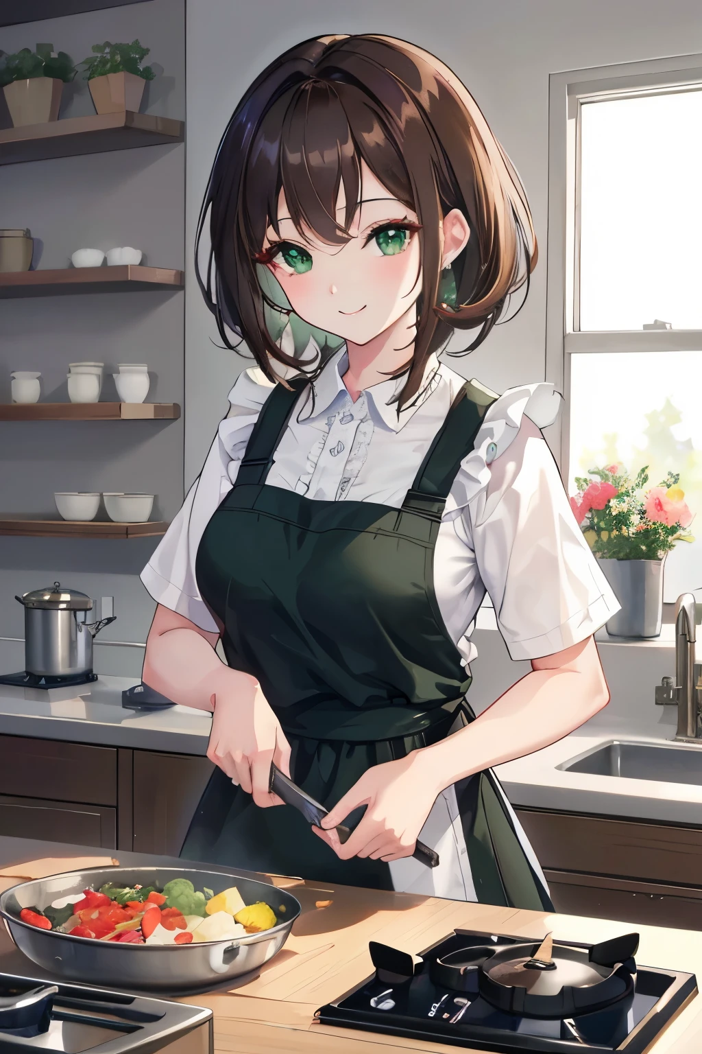 ((masterpiece, Highest quality, High resolution, 超High resolution, Pixel perfect, Written boundary depth, 4K, RTTX 10.0, High resolution))), 1 person, single, alone, Beautiful Anime, Beautiful art style, Anime characters, ((Shortcuts, bangs, Dark brown hair)), ((Green Eyes:1.4, Round eyes, Beautiful eyelashes, current eyes)), ((Smooth texture:0.75, Anime CG style)), ((Dynamic Angle, close)), Perfect body, (cute), Normal chest, whole body, ((4K, 8k, Highest quality, Perfect Fingers: 1.3, Perfect ???????: 1.3, Background Blur)), whole bodyアングル, Illustration of a girl wearing an apron, The characters are dressed in casual clothes with cute aprons.、She is pictured cooking in the kitchen., The apron has pockets and frills.、She is smiling happily, In the background is a homely kitchen.、A warm and relaxing scene