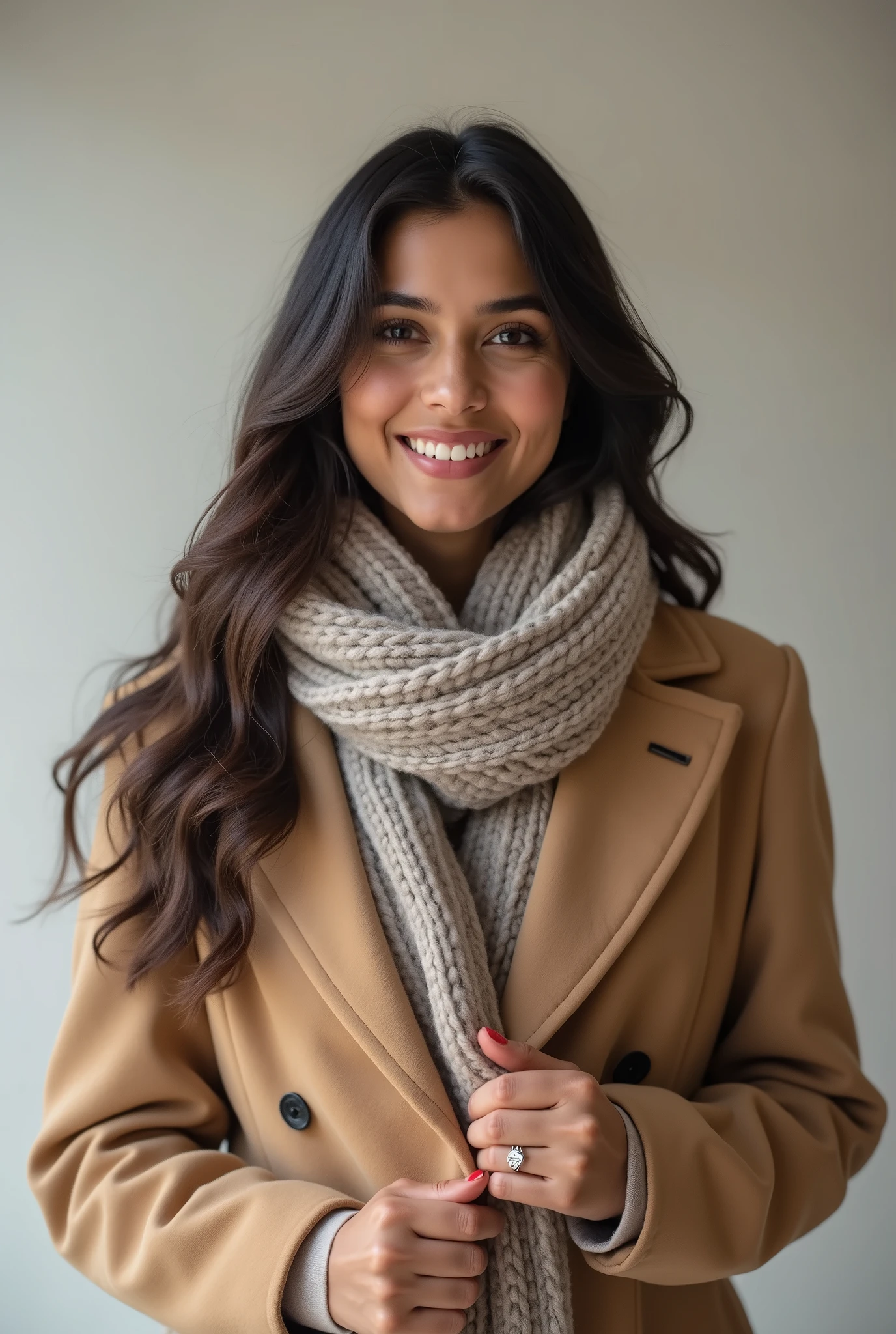 There is a young, Beautiful indian woman, who looks to the future like Katrina Kaif, Smiles into the camera, beautiful teeth, She looks into the camera, a portrait from raw photo, feet, hands, body, winter, coat, scarf