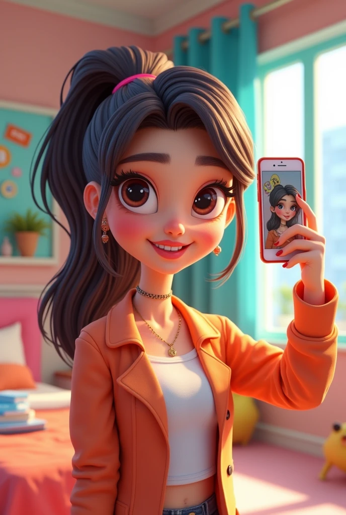 A 3D cartoon image of a hot teen girl taking a selfie.