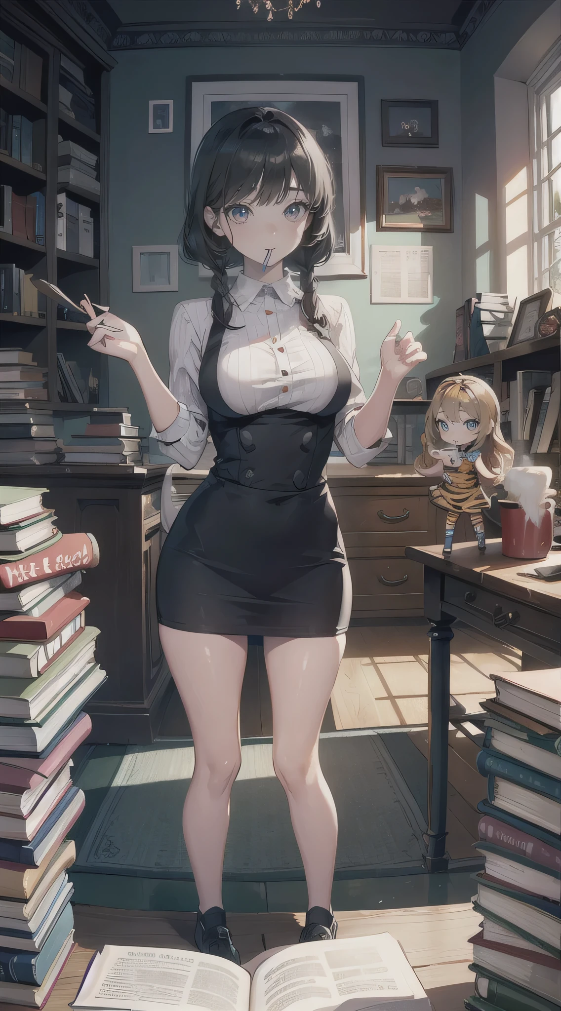 woman having big tits, tiger with a clear and detailed face having realistic eyes and mouth, aniaml, doll, cute, small, one room, warm, studying, books, coffee