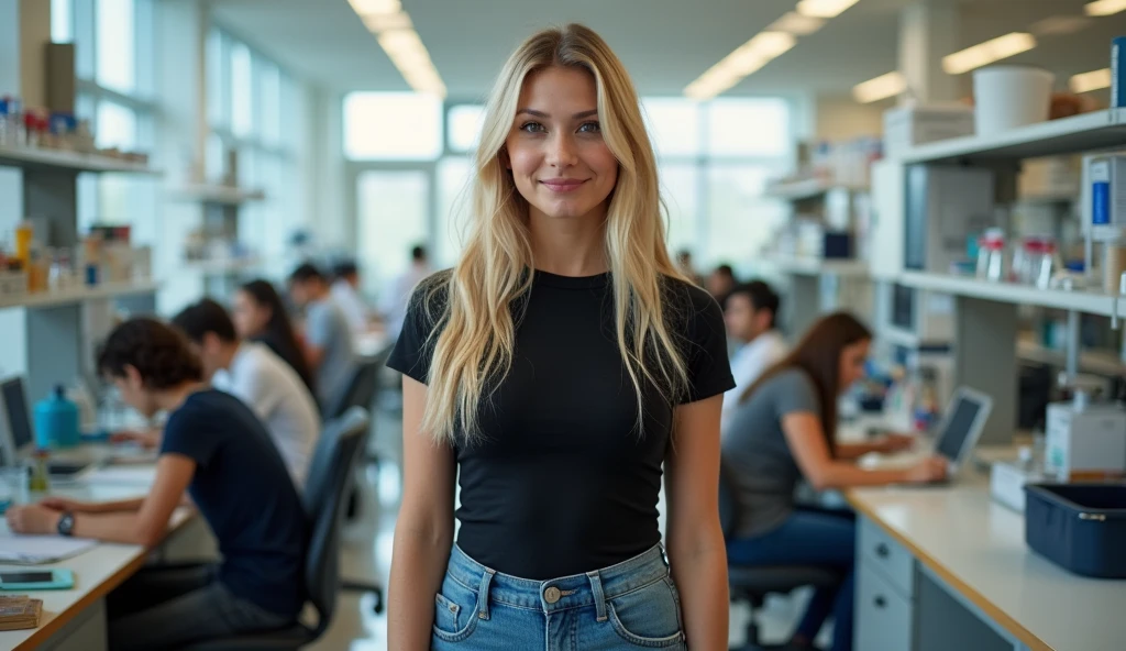 A radiant 20-year-old blonde Canadian female stands confidently in a well-lit university lab, her smile warm and inviting as she gazes at the camera. She wears a sleek black bodysuit paired with high-waisted skinny jeans, accentuating her figure while maintaining a casual vibe. Her facial features are striking, showcasing a blend of determination and approachability, with strong yet tasteful eye makeup that highlights her captivating eyes. The scene is captured using a 50mm lens, providing a natural perspective with a shallow depth of field that softly blurs the background, drawing attention to her. The camera angle is slightly low, giving her an empowering presence while still capturing the surrounding lab environment. The lab is illuminated with soft, diffused lighting, casting gentle shadows that add depth to the scene. In the background, various lab equipment gleams under the light, while engaged students collaborate at desks, creating a dynamic and vibrant academic atmosphere