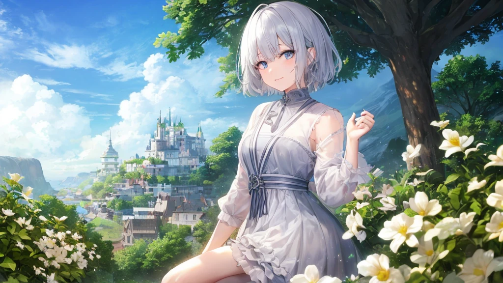 Ultra HD,Look at the viewers, Place your hands behind your back, and, 20-year-old, 非常にshort hair, Long bangs between the eyes, Pale blue eyes, Very detailed,(masterpiece、Highest quality),Gray Hair、Laughter、wonderful, Silver Hair, iris, short hair、 Fluttering Hair、Small face、明るいsmile、(Detailed face) ,Professional Lighting,wonderful風景,blue sky, sunlight,Looking down from above,Portraiture、Open your mouth、Flower Field、Her eyes were shining、Mysterious and enchanting atmosphere。With AI Painting、andてもshort hair, Long bangs between the eyes, Very detailed,(masterpiece、Highest quality)、alone、Gray Hair、Fantasy, Silver Hair, Fantasyな風景、smile、Open your mouth、short hair、short hair、hairpin、black eye、Grey Eyes、Beautiful Eyes、Black Shirt、White hoodie