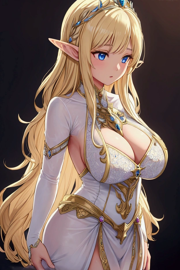 Very detailed, One Girl, Wide viewing angles, Large, firm, swaying bust, Very delicate depiction, Detailed depiction of the face, Detailed depiction of hair, Accurate skeleton, See-through dress, Elven Princess Knight, Beautiful long blonde hair,