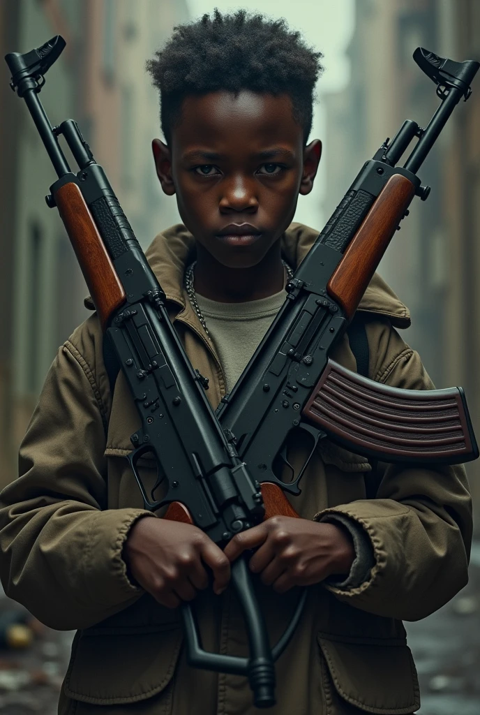 A black boy with two ak47 and one pistol and background is very dengerous.