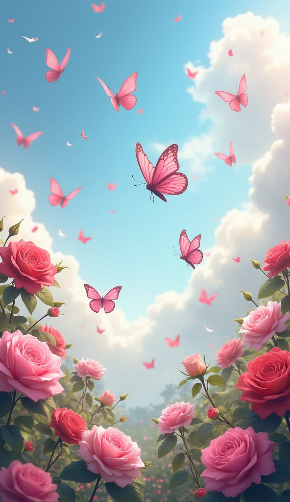 Pink Butterflies in sky.. garden flowers roses.love